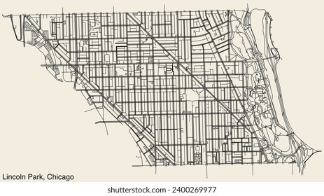 Detailed hand-drawn navigational urban street roads map of the LINCOLN PARK COMMUNITY AREA of the American city of CHICAGO, ILLINOIS with vivid road lines and name tag on solid background