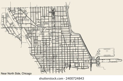 Detailed hand-drawn navigational urban street roads map of the NEAR NORTH SIDE COMMUNITY AREA of the American city of CHICAGO, ILLINOIS with vivid road lines and name tag on solid background