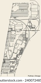 Detailed hand-drawn navigational urban street roads map of the PULLMAN COMMUNITY AREA of the American city of CHICAGO, ILLINOIS with vivid road lines and name tag on solid background