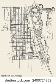 Detailed hand-drawn navigational urban street roads map of the NEAR SOUTH SIDE COMMUNITY AREA of the American city of CHICAGO, ILLINOIS with vivid road lines and name tag on solid background