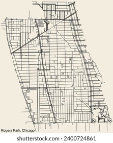 Detailed hand-drawn navigational urban street roads map of the ROGERS PARK COMMUNITY AREA of the American city of CHICAGO, ILLINOIS with vivid road lines and name tag on solid background