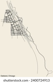 Detailed hand-drawn navigational urban street roads map of the OAKLAND COMMUNITY AREA of the American city of CHICAGO, ILLINOIS with vivid road lines and name tag on solid background