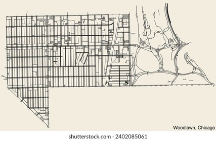 Detailed hand-drawn navigational urban street roads map of the WOODLAWN COMMUNITY AREA of the American city of CHICAGO, ILLINOIS with vivid road lines and name tag on solid background