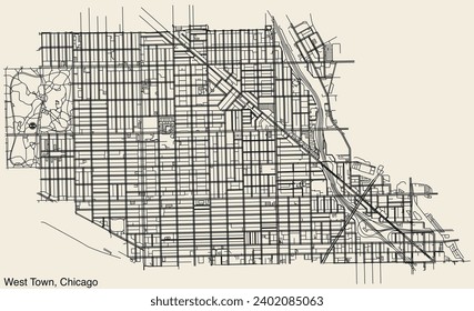 Detailed hand-drawn navigational urban street roads map of the WEST TOWN COMMUNITY AREA of the American city of CHICAGO, ILLINOIS with vivid road lines and name tag on solid background