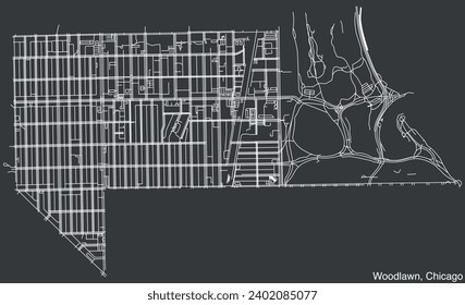 Detailed hand-drawn navigational urban street roads map of the WOODLAWN COMMUNITY AREA of the American city of CHICAGO, ILLINOIS with vivid road lines and name tag on solid background