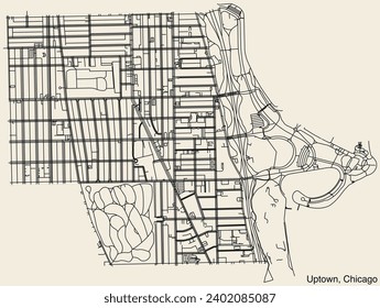 Detailed hand-drawn navigational urban street roads map of the UPTOWN COMMUNITY AREA of the American city of CHICAGO, ILLINOIS with vivid road lines and name tag on solid background