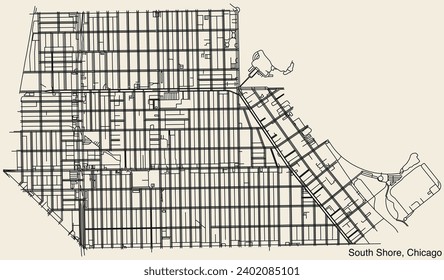 Detailed hand-drawn navigational urban street roads map of the SOUTH SHORE COMMUNITY AREA of the American city of CHICAGO, ILLINOIS with vivid road lines and name tag on solid background