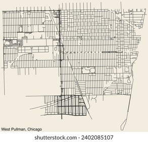 Detailed hand-drawn navigational urban street roads map of the WEST PULLMAN COMMUNITY AREA of the American city of CHICAGO, ILLINOIS with vivid road lines and name tag on solid background