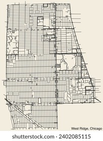 Detailed hand-drawn navigational urban street roads map of the WEST RIDGE COMMUNITY AREA of the American city of CHICAGO, ILLINOIS with vivid road lines and name tag on solid background