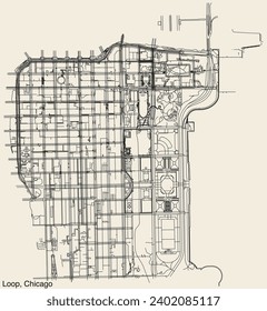 Detailed hand-drawn navigational urban street roads map of the THE LOOP COMMUNITY AREA of the American city of CHICAGO, ILLINOIS with vivid road lines and name tag on solid background