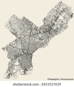 Detailed hand-drawn navigational urban street roads map of the American city of PHILADELPHIA, PENNSYLVANIA with vivid road lines and name tag on solid background