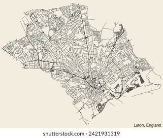 Detailed hand-drawn navigational urban street roads map of the United Kingdom city township of LUTON, ENGLAND with vivid road lines and name tag on solid background