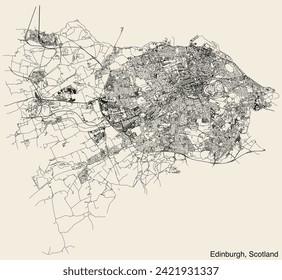 Detailed hand-drawn navigational urban street roads map of the United Kingdom city township of EDINBURGH, SCOTLAND with vivid road lines and name tag on solid background