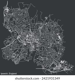 Detailed hand-drawn navigational urban street roads map of the United Kingdom city township of IPSWICH, ENGLAND with vivid road lines and name tag on solid background