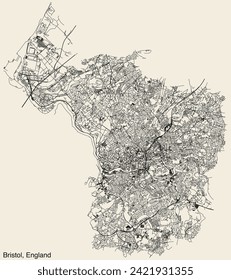 Mapa detallado de las carreteras urbanas de la ciudad de BRISTOL, INGLATERRA, con líneas vivas de carretera y nombre en un fondo sólido