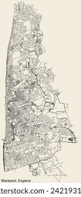 Detailed hand-drawn navigational urban street roads map of the United Kingdom city township of BLACKPOOL, ENGLAND with vivid road lines and name tag on solid background