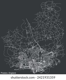 Detailed hand-drawn navigational urban street roads map of the United Kingdom city township of PRESTON, ENGLAND with vivid road lines and name tag on solid background