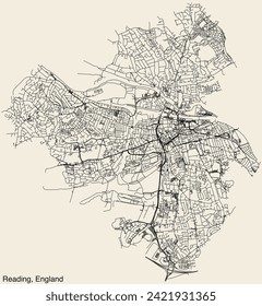 Mapa detallado de las carreteras urbanas de la ciudad de READING, INGLATERRA, con líneas viales vívidas y etiquetas con nombres en un fondo sólido