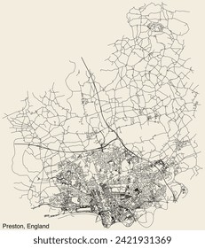 Detailed hand-drawn navigational urban street roads map of the United Kingdom city township of PRESTON, ENGLAND with vivid road lines and name tag on solid background