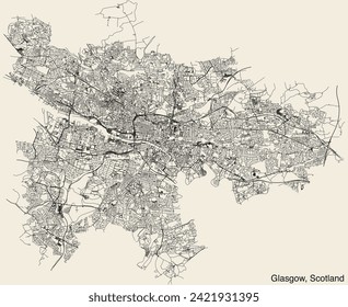 Detailed hand-drawn navigational urban street roads map of the United Kingdom city township of GLASGOW, SCOTLAND with vivid road lines and name tag on solid background