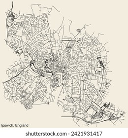 Detailed hand-drawn navigational urban street roads map of the United Kingdom city township of IPSWICH, ENGLAND with vivid road lines and name tag on solid background