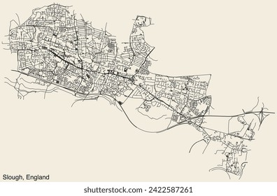 Detailed hand-drawn navigational urban street roads map of the United Kingdom city township of SLOUGH, ENGLAND with vivid road lines and name tag on solid background