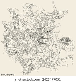 Detaillierte, handgezeichnete Straßenkarte der Stadt BATH, ENGLAND mit lebhaften Straßenlinien und Namensschild auf solidem Hintergrund