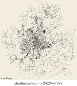 Detailed hand-drawn navigational urban street roads map of the United Kingdom city township of YORK, ENGLAND with vivid road lines and name tag on solid background