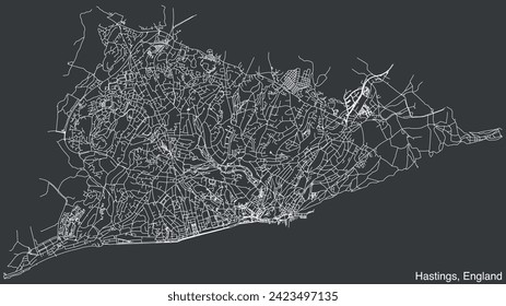 Detailed hand-drawn navigational urban street roads map of the United Kingdom city township of HASTINGS, ENGLAND with vivid road lines and name tag on solid background