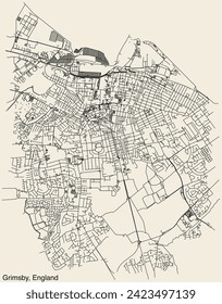 Detailed hand-drawn navigational urban street roads map of the United Kingdom city township of GRIMSBY, ENGLAND with vivid road lines and name tag on solid background