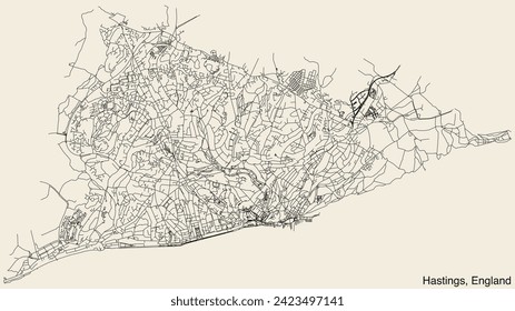 Detailed hand-drawn navigational urban street roads map of the United Kingdom city township of HASTINGS, ENGLAND with vivid road lines and name tag on solid background