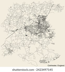 Detailed hand-drawn navigational urban street roads map of the United Kingdom city township of COLCHESTER, ENGLAND with vivid road lines and name tag on solid background
