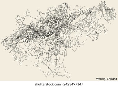 Detailed hand-drawn navigational urban street roads map of the United Kingdom city township of WOKING, ENGLAND with vivid road lines and name tag on solid background