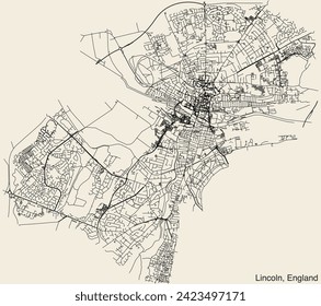 Detailed hand-drawn navigational urban street roads map of the United Kingdom city township of LINCOLN, ENGLAND with vivid road lines and name tag on solid background