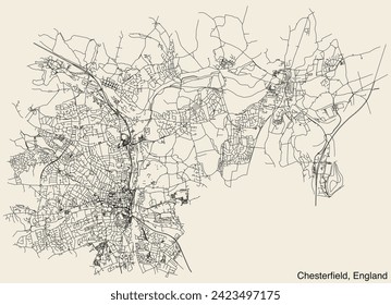 Detailed hand-drawn navigational urban street roads map of the United Kingdom city township of CHESTERFIELD, ENGLAND with vivid road lines and name tag on solid background