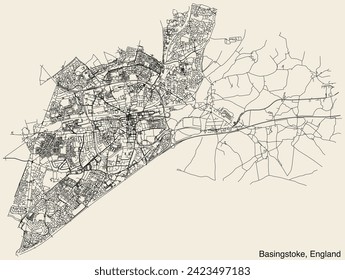 Detailed hand-drawn navigational urban street roads map of the United Kingdom city township of BASINGSTOKE, ENGLAND with vivid road lines and name tag on solid background
