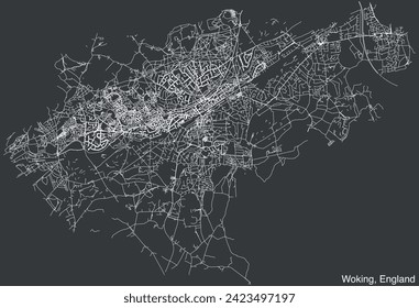 Detailed hand-drawn navigational urban street roads map of the United Kingdom city township of WOKING, ENGLAND with vivid road lines and name tag on solid background