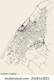 Detailed hand-drawn navigational urban street roads map of the United Kingdom city township of SOUTHPORT, ENGLAND with vivid road lines and name tag on solid background