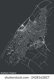 Detailed hand-drawn navigational urban street roads map of the United Kingdom city township of SOUTHPORT, ENGLAND with vivid road lines and name tag on solid background