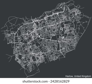 Detailed hand-drawn navigational urban street roads map of the United Kingdom city township of HARLOW, ENGLAND with vivid road lines and name tag on solid background