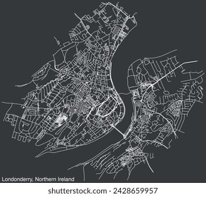 Detailed hand-drawn navigational urban street roads map of the United Kingdom city township of LONDONDERRY, NORTHERN IRELAND with vivid road lines and name tag on solid background