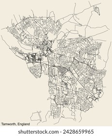 Detailed hand-drawn navigational urban street roads map of the United Kingdom city township of TAMWORTH, ENGLAND with vivid road lines and name tag on solid background