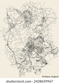 Detailed hand-drawn navigational urban street roads map of the United Kingdom city township of ST ALBANS, ENGLAND with vivid road lines and name tag on solid background