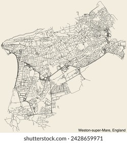 Detailed hand-drawn navigational urban street roads map of the United Kingdom city township of WESTON-SUPER-MARE, ENGLAND with vivid road lines and name tag on solid background
