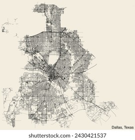 Detailed hand-drawn navigational urban street roads map of the American city of DALLAS, TEXAS with vivid road lines and name tag on solid background