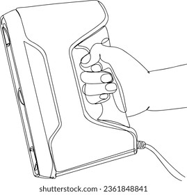 Detailed Hand-Drawn One-Line Cartoon Sketch of Hand Holding 3D Scanner, Sketch Drawing of Hand Scanning Object with 3D Scanner for 3D Printing