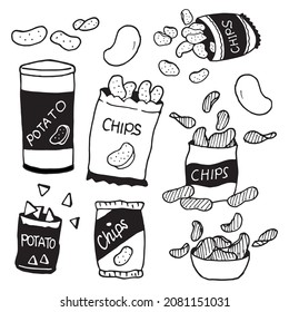 Detailed hand-drawn potato and tortilla chip illustration set on a white backdrop. Perfect for food-themed graphics, packaging, or menu designs. Dive into this flavorful, detailed vector collection.