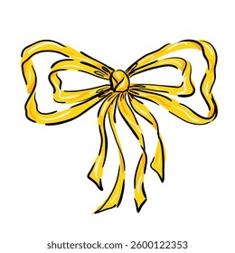 Detailed hand-drawn ribbon bow in sketch style. Vector illustration ideal for gift wrapping designs, greeting cards, invitations, packaging, branding, or festive decorations.