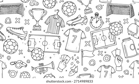 Um padrão sem costura detalhado e desenhado à mão com vários equipamentos de futebol e futebol, incluindo bolas, gols, camisas e troféus, perfeito para projetos com temas esportivos.