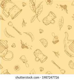 Detailed hand-drawn seamless pattern tea leaves and dishes, vector illustration.